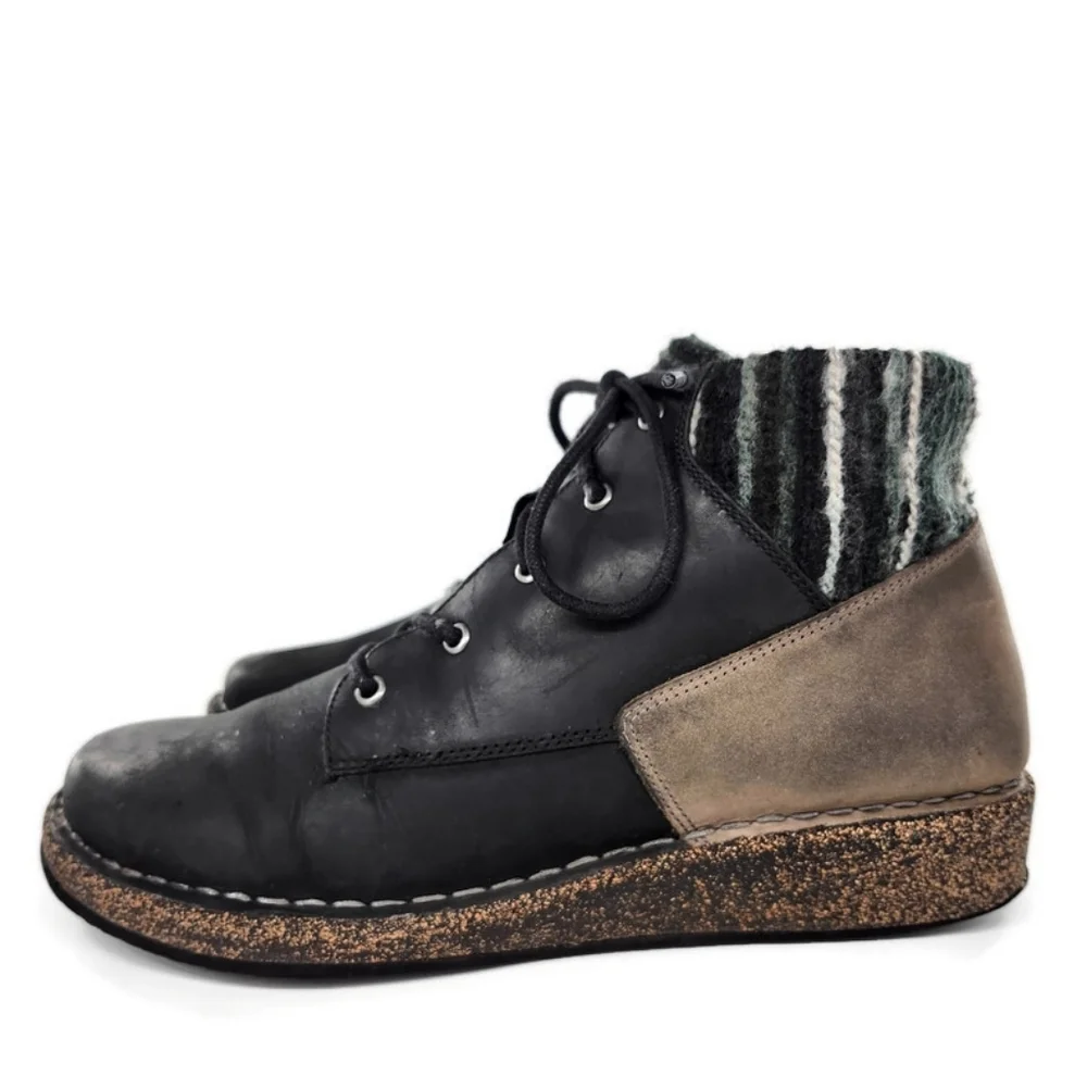 Aetrex Jolie Black Leather Black & Grey Sweater Lace-Up Round-Toe Ankle Boots